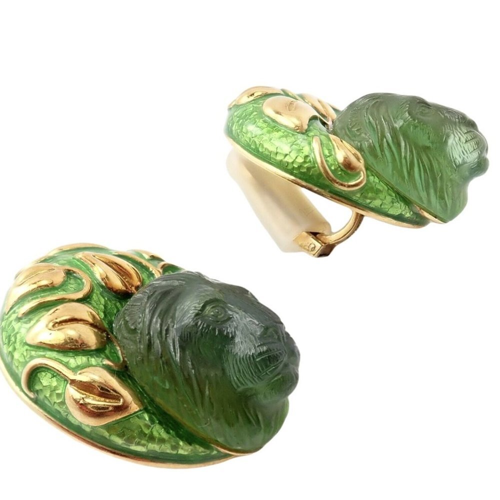 Rare! Elizabeth Gage 18k Yellow Gold Carved Peridot Green Enamel Lion Earrings - Picture 7 of 10